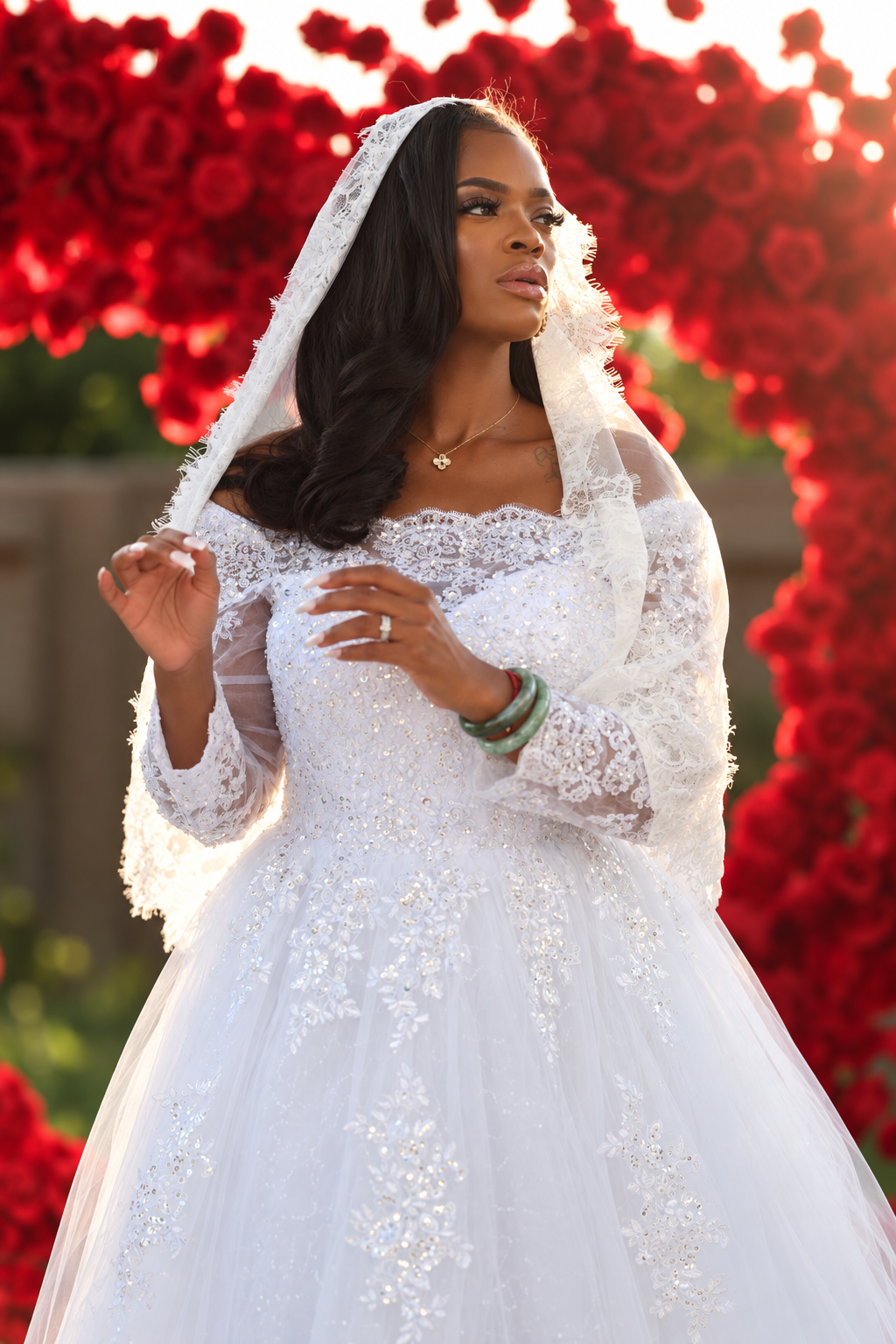 Woman making a vow before red roses