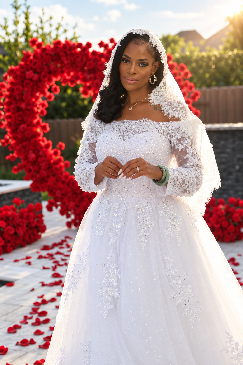Woman standing before a heart of red roses